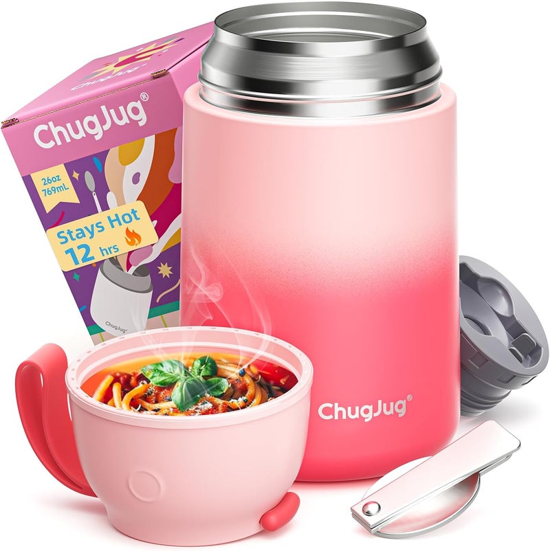 ChugJug Thermo for Hot Food for Adults Kids | Wide Mouth, 26 oz Insulated Food Jar with Spoon, Leakproof Soup Thermo for School Office Travel, Thermal Steel Lunch Container Easy to Carry (Pink) - Image 1